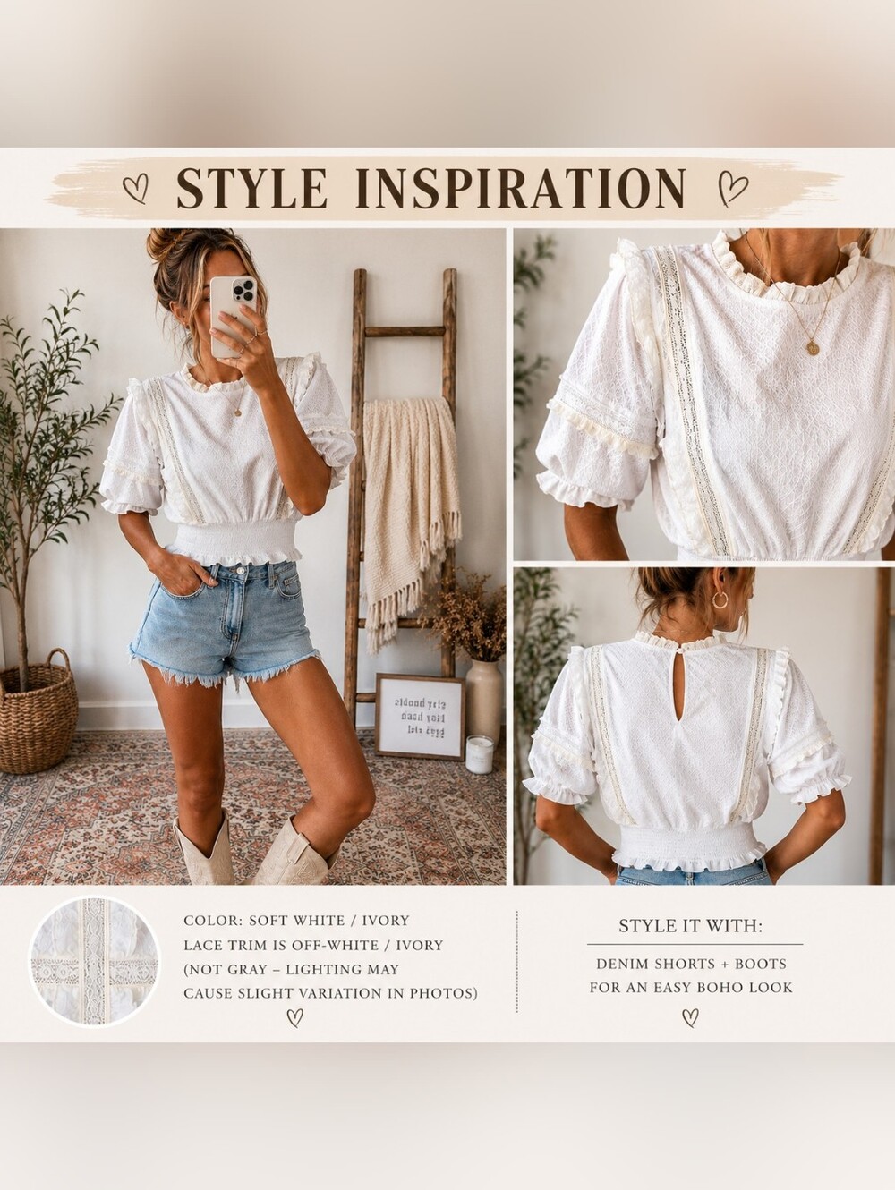 Strut & Bolt White Lace Ruffle Boho Blouse Smocked Waist Medium